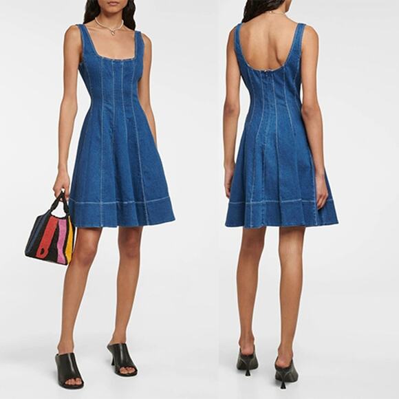 NWT Staud Wells Denim Pleated Square Neck Sleeveless Mini Dress Blue Size: 2